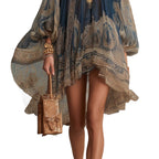 Printed High-Neck Long-Sleeve Dress