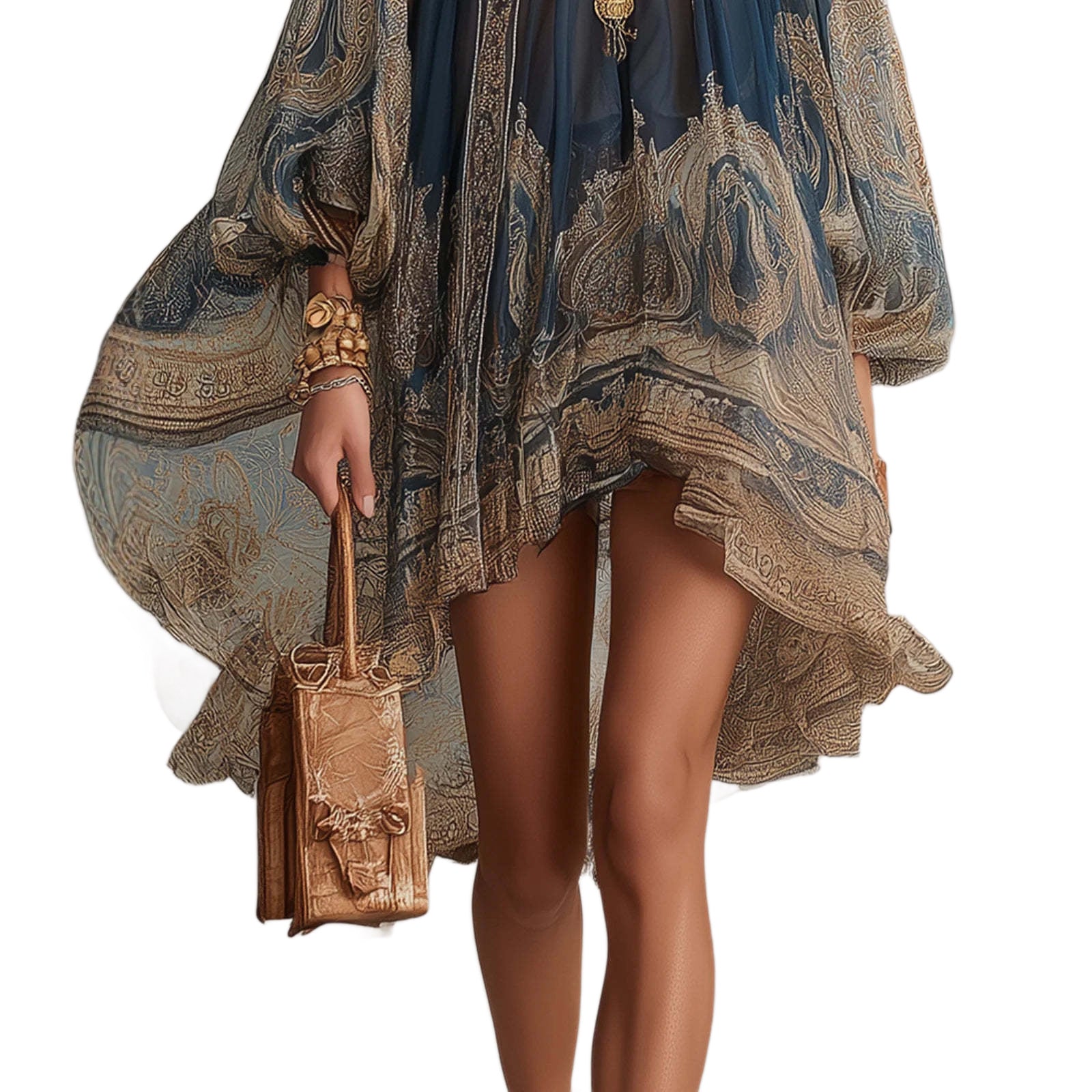 Printed High-Neck Long-Sleeve Dress