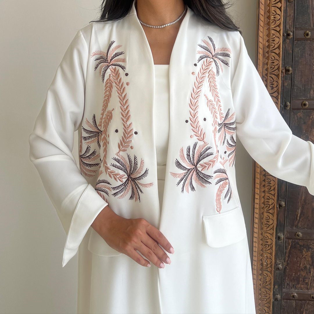 Cárdigan largo bordado con diseño de cocotero blanco