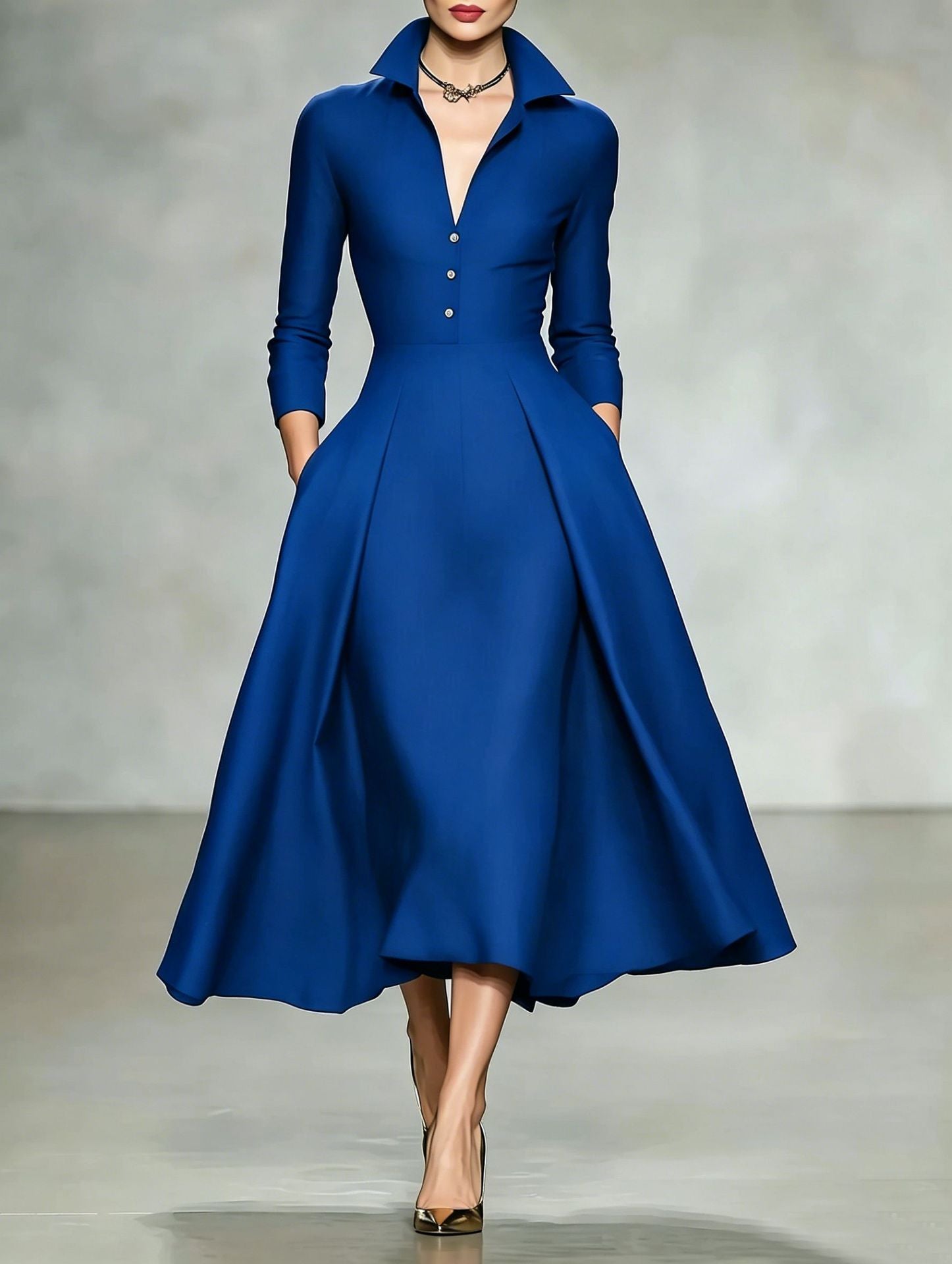 V-Neck Cinched-Waist Long-Sleeve Dress