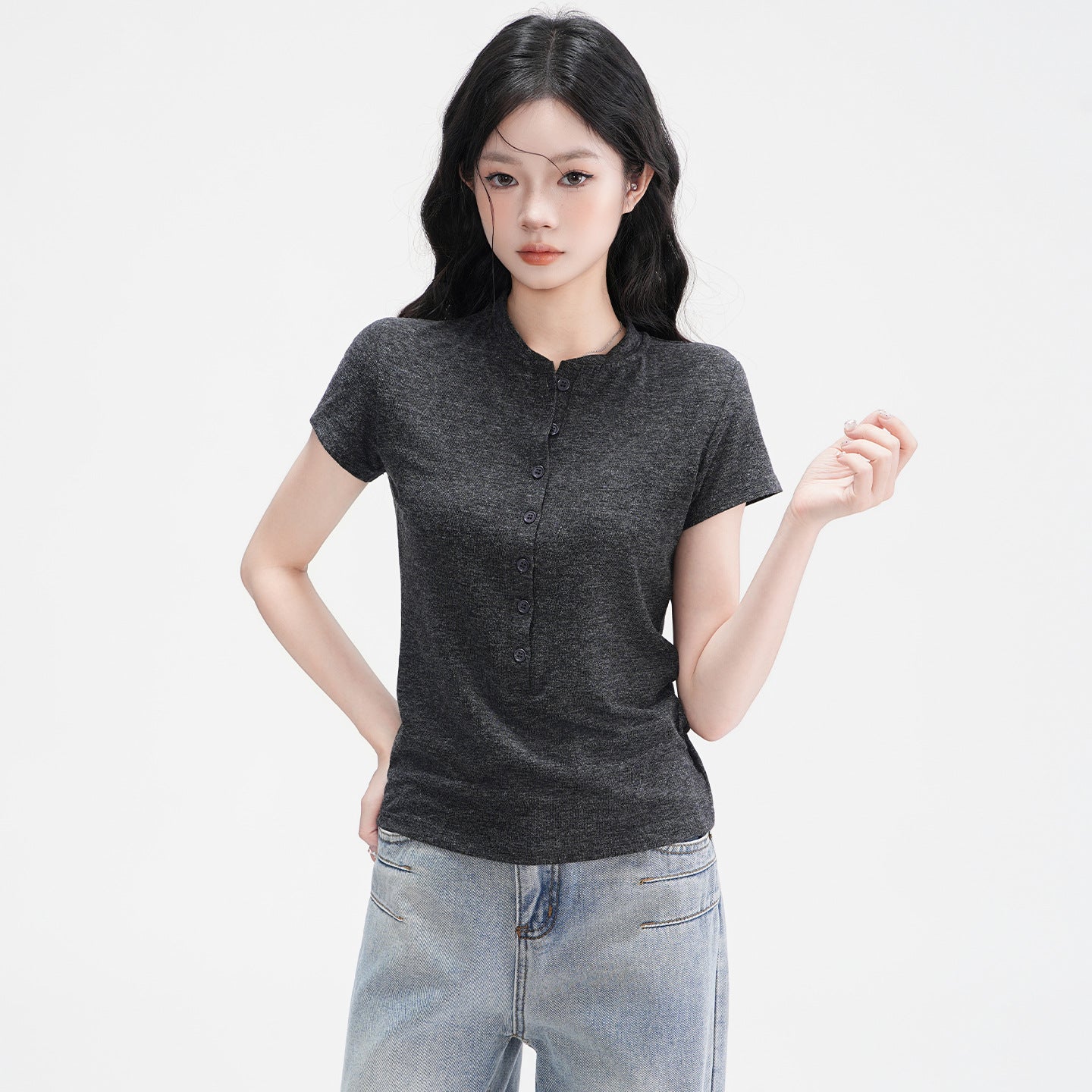 Button-Shoulder Short-Sleeve Top