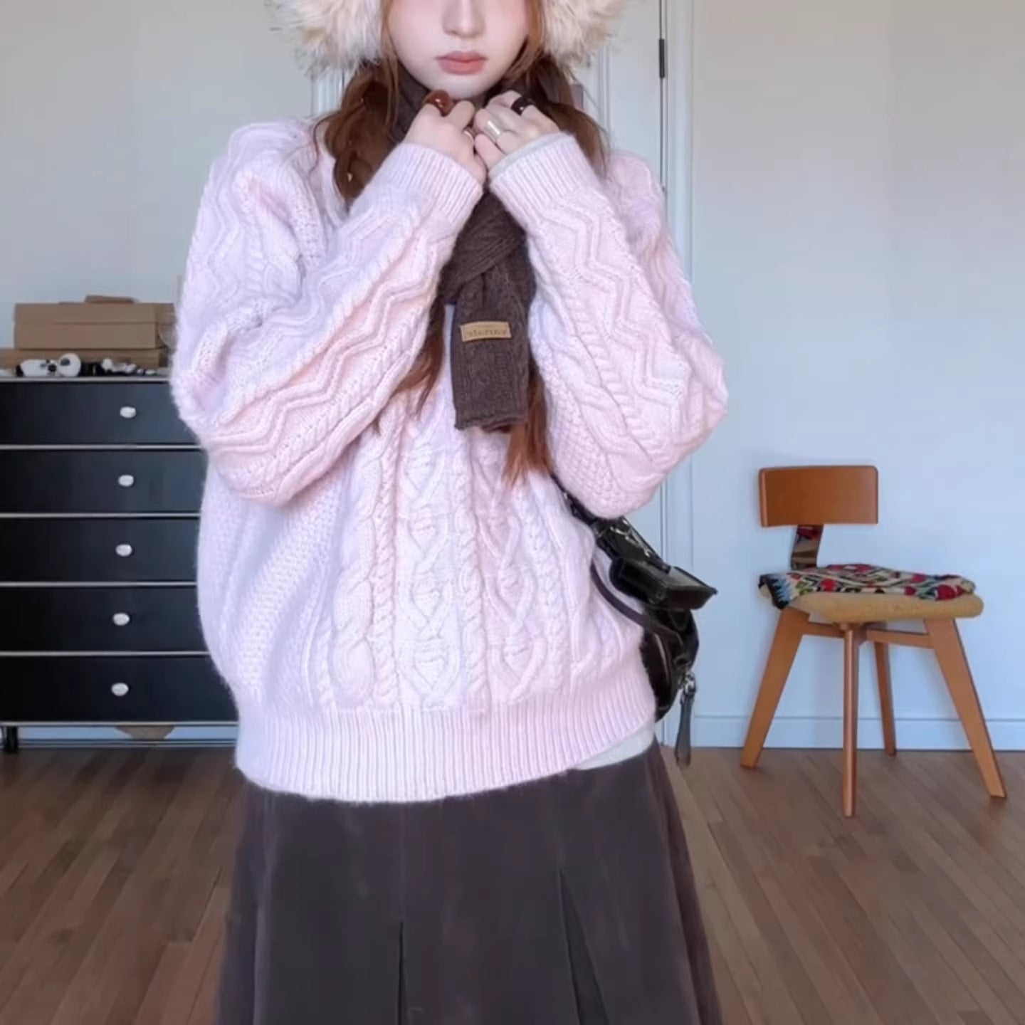 Suéter de punto trenzado rosa anudado para mujer, estilo holgado y grueso