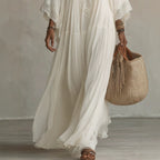 Robe longue de plage en patchwork de dentelle, col en V, pour les vacances