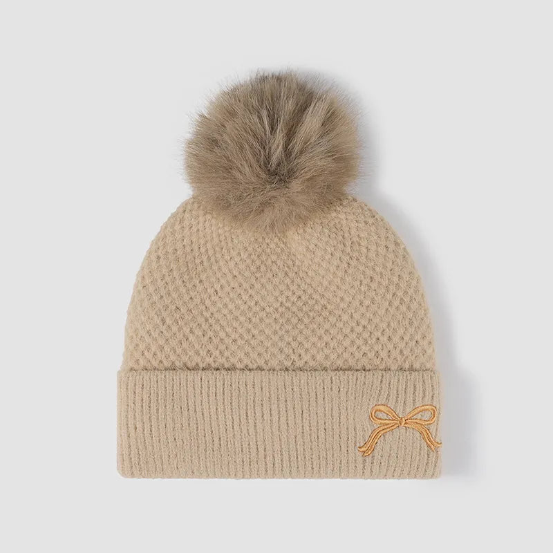 Bow Pom-Pom Thermal Knit Hat