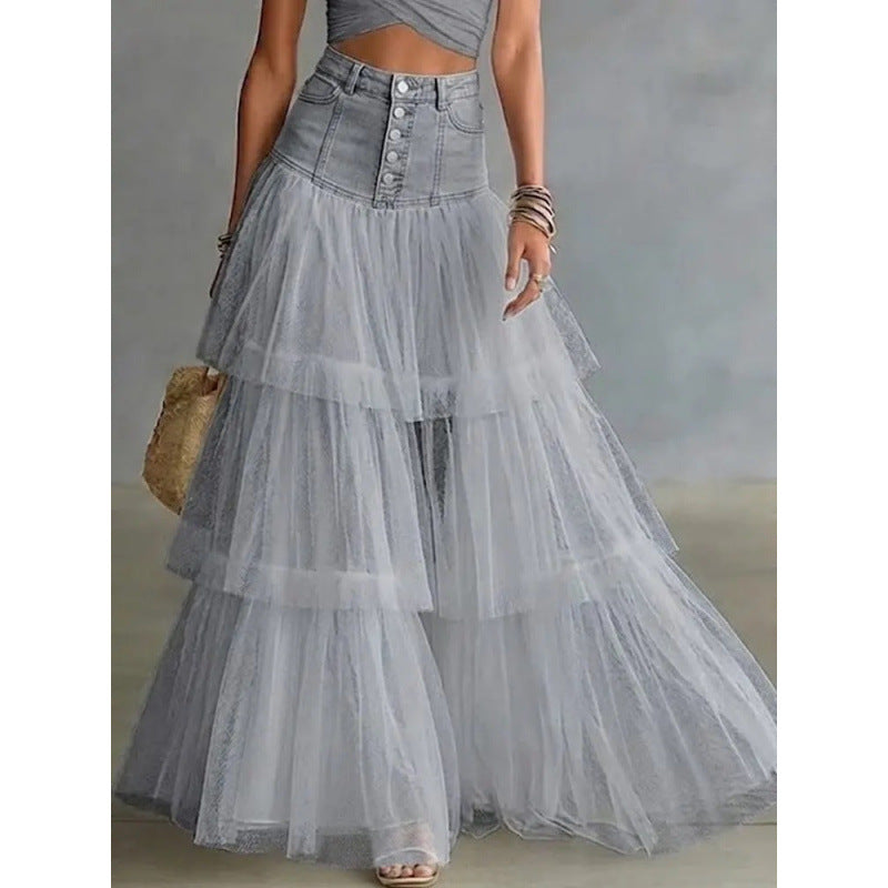 Denim and Mesh A-Line Maxi Skirt