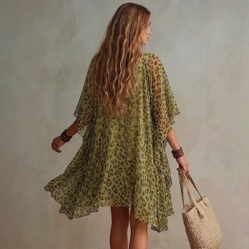 Leopard-Print Chiffon Beach Cover-Up in Green - view 2