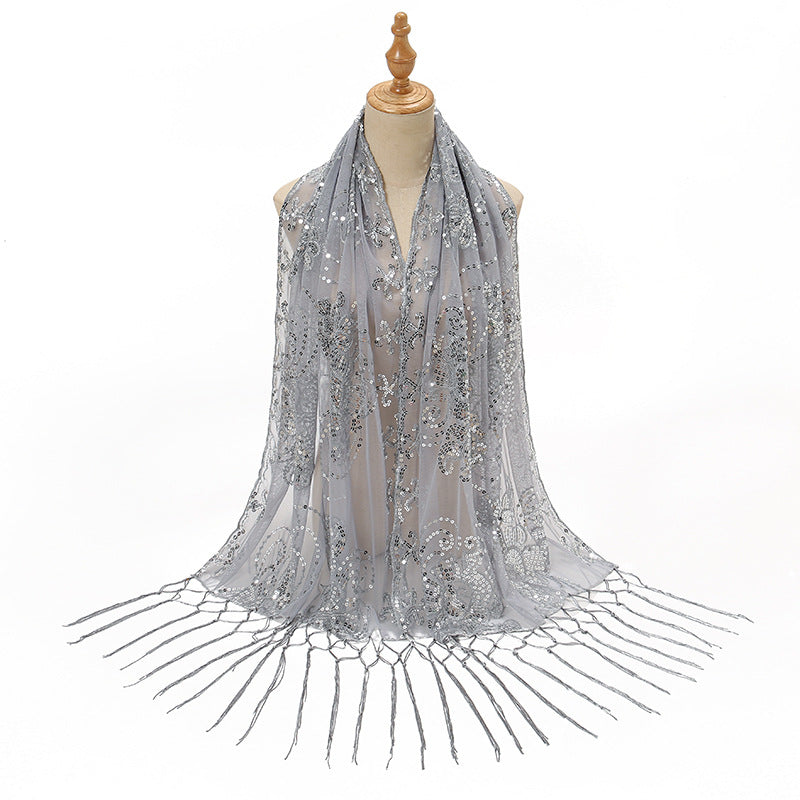 Sequin Fringe Embroidered Evening Shawl
