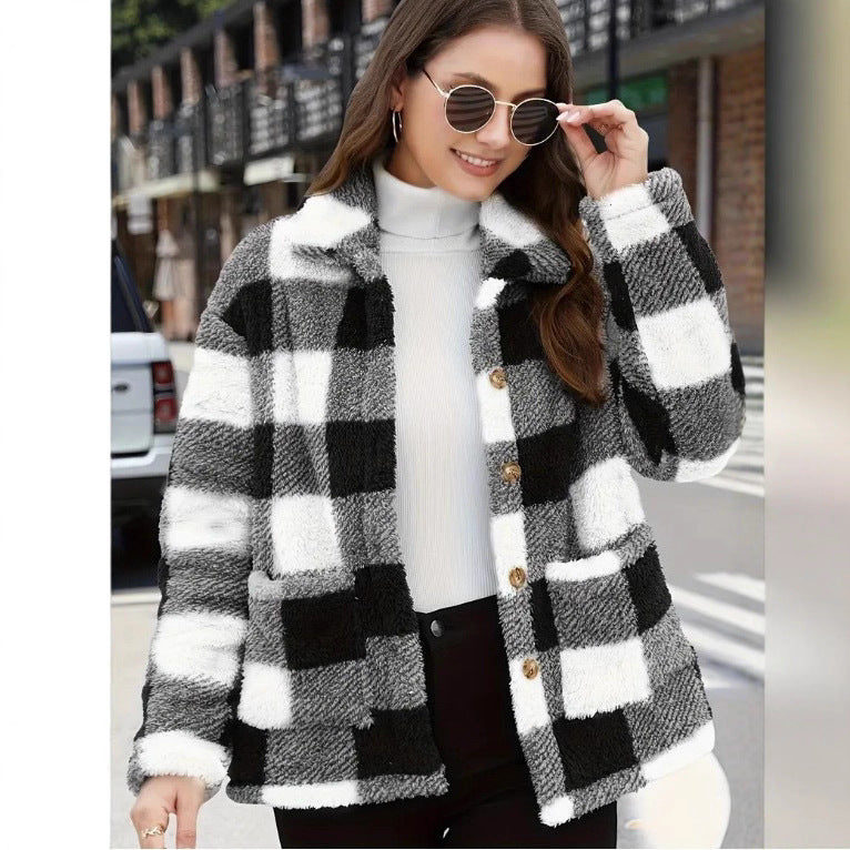 Plaid Fleece Coat with Patch Pockets