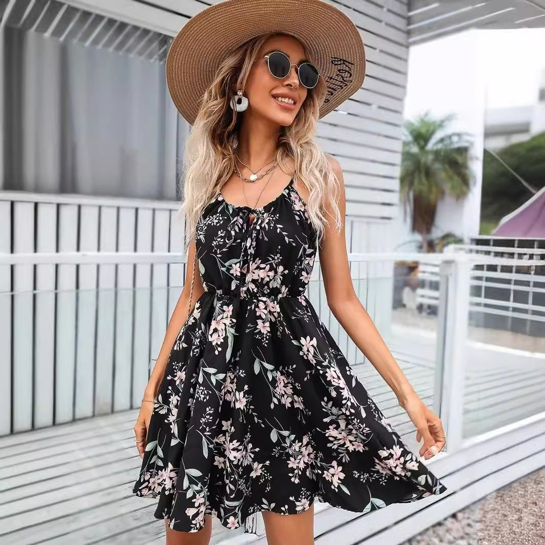 Printed Elastic-Waist Strap Dress