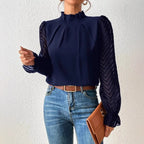 High-Neck Wave-Panel Chiffon Blouse
