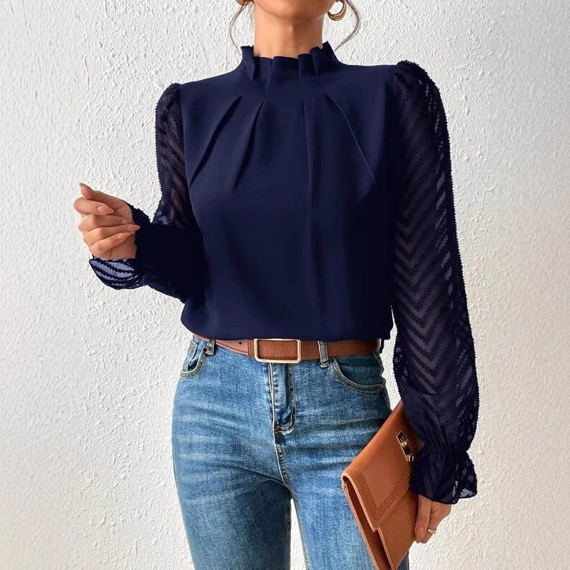 High-Neck Wave-Panel Chiffon Blouse