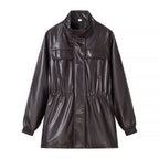 Stand-Collar Belted Faux-Leather Jacket