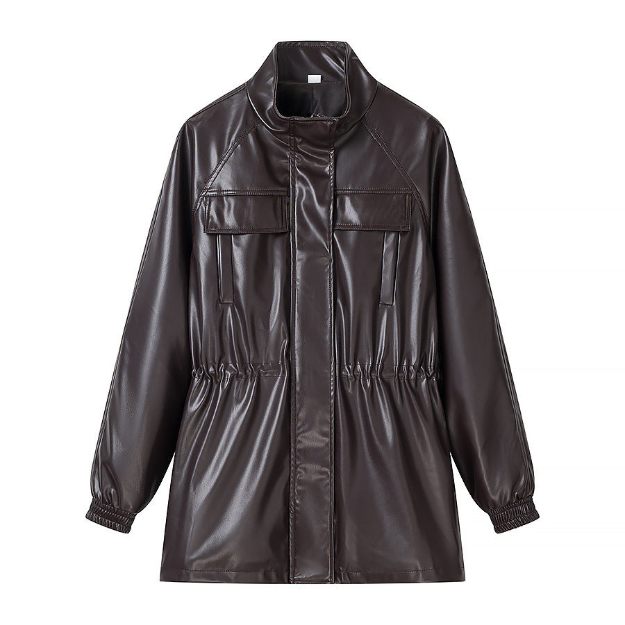 Stand-Collar Belted Faux-Leather Jacket