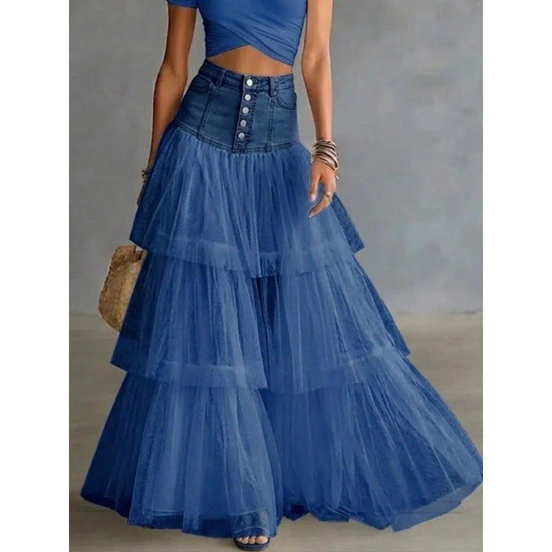 Denim and Mesh A-Line Maxi Skirt