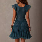 Robe Femme en Dentelle à Manches Papillon, Taille Ajustée avec Nœud, Mini-Jupe en Tulle Étages