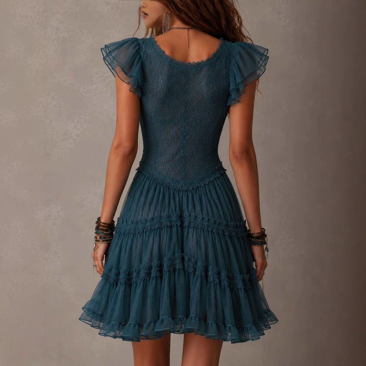 Robe Femme en Dentelle à Manches Papillon, Taille Ajustée avec Nœud, Mini-Jupe en Tulle Étages