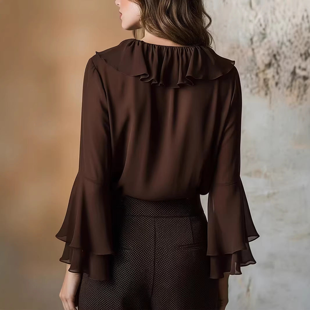 Ruffle V-Neck Long-Sleeve Blouse