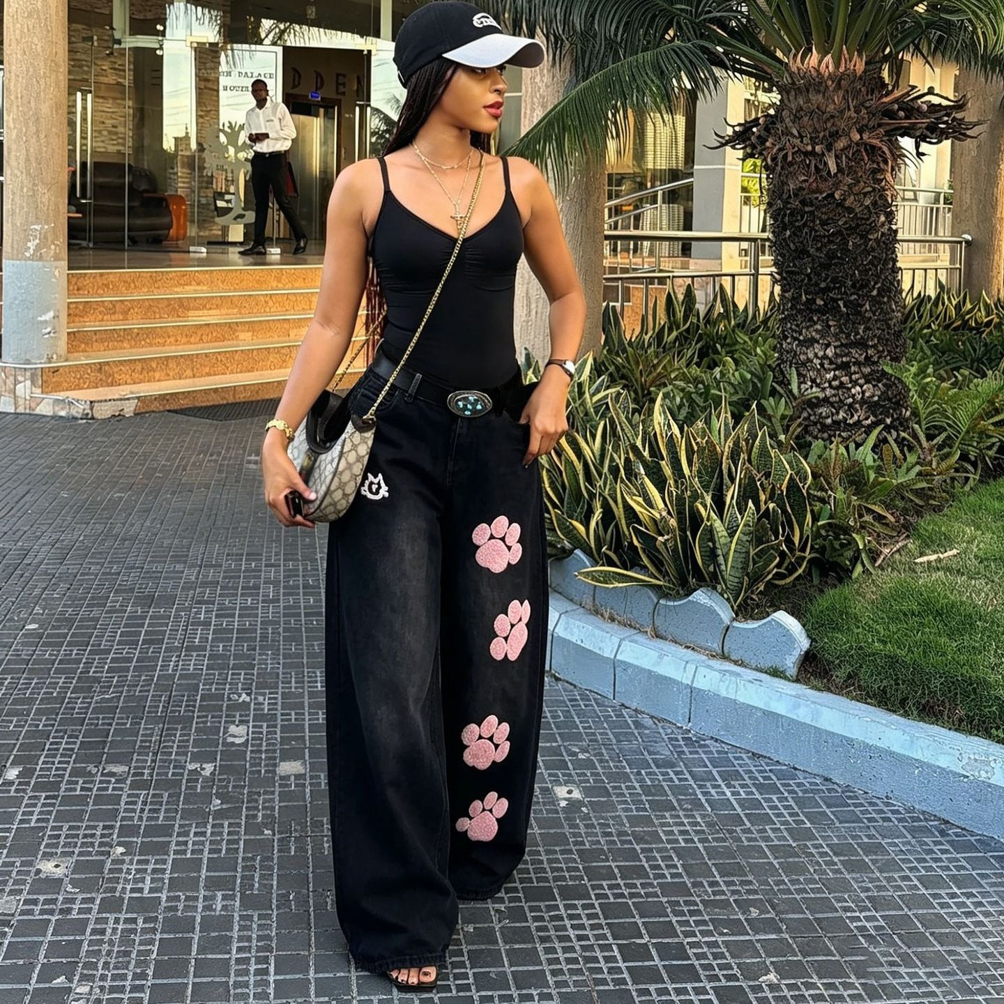 Cat-Paw Embroidered Wide-Leg Jeans