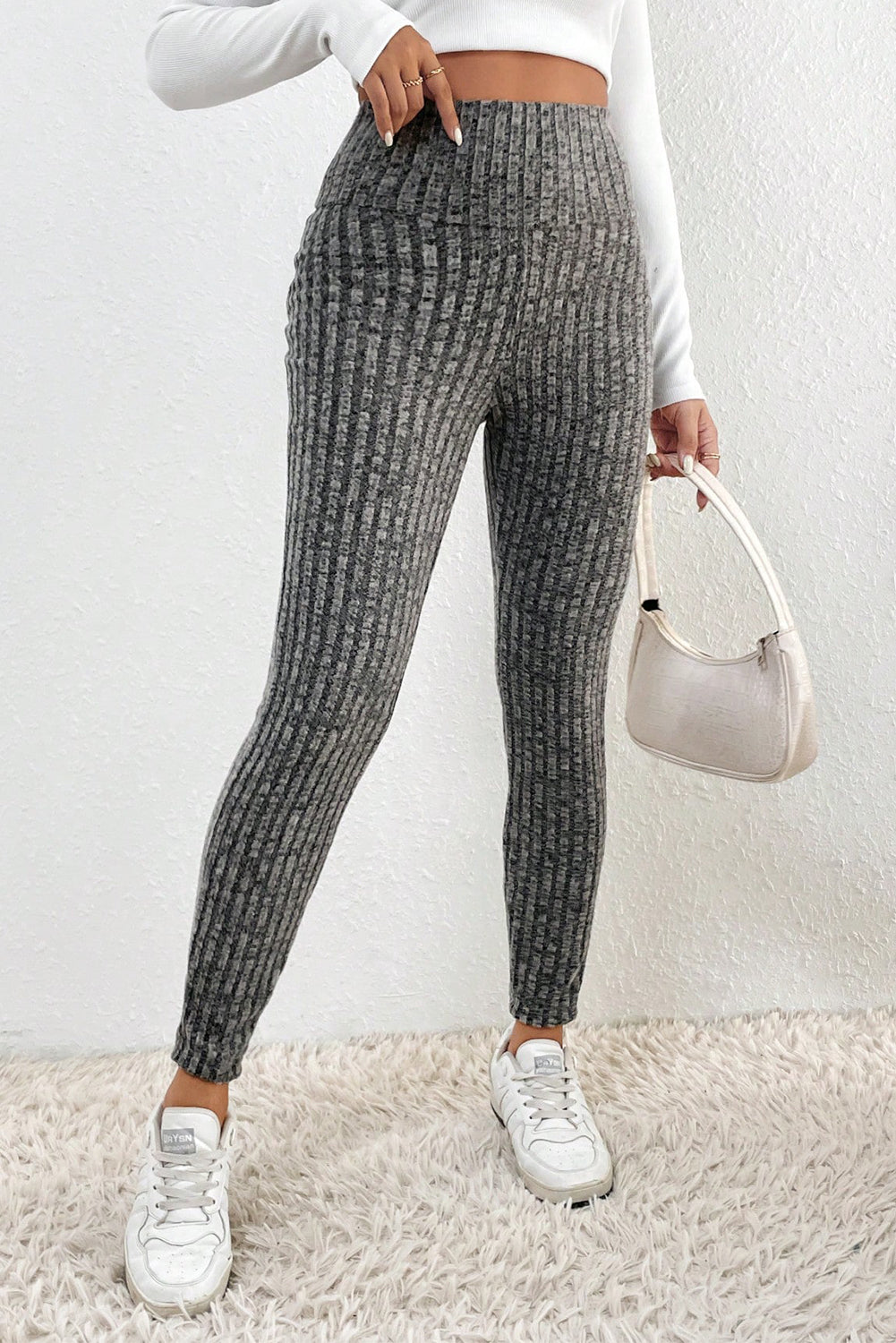 Legging en maille texturée côtelée à large ceinture gris foncé