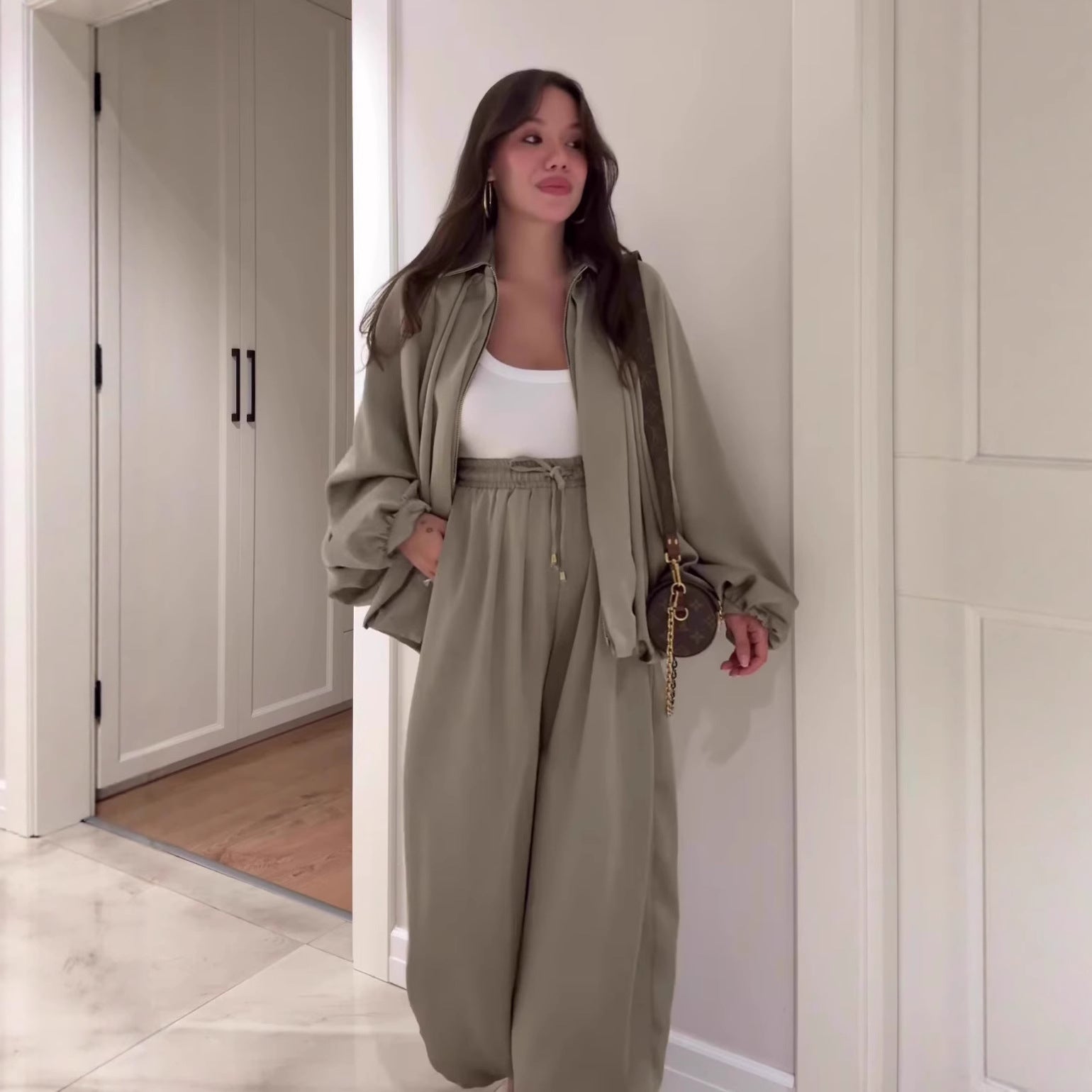 Lapel Jacket and Wide-Leg Pants Set