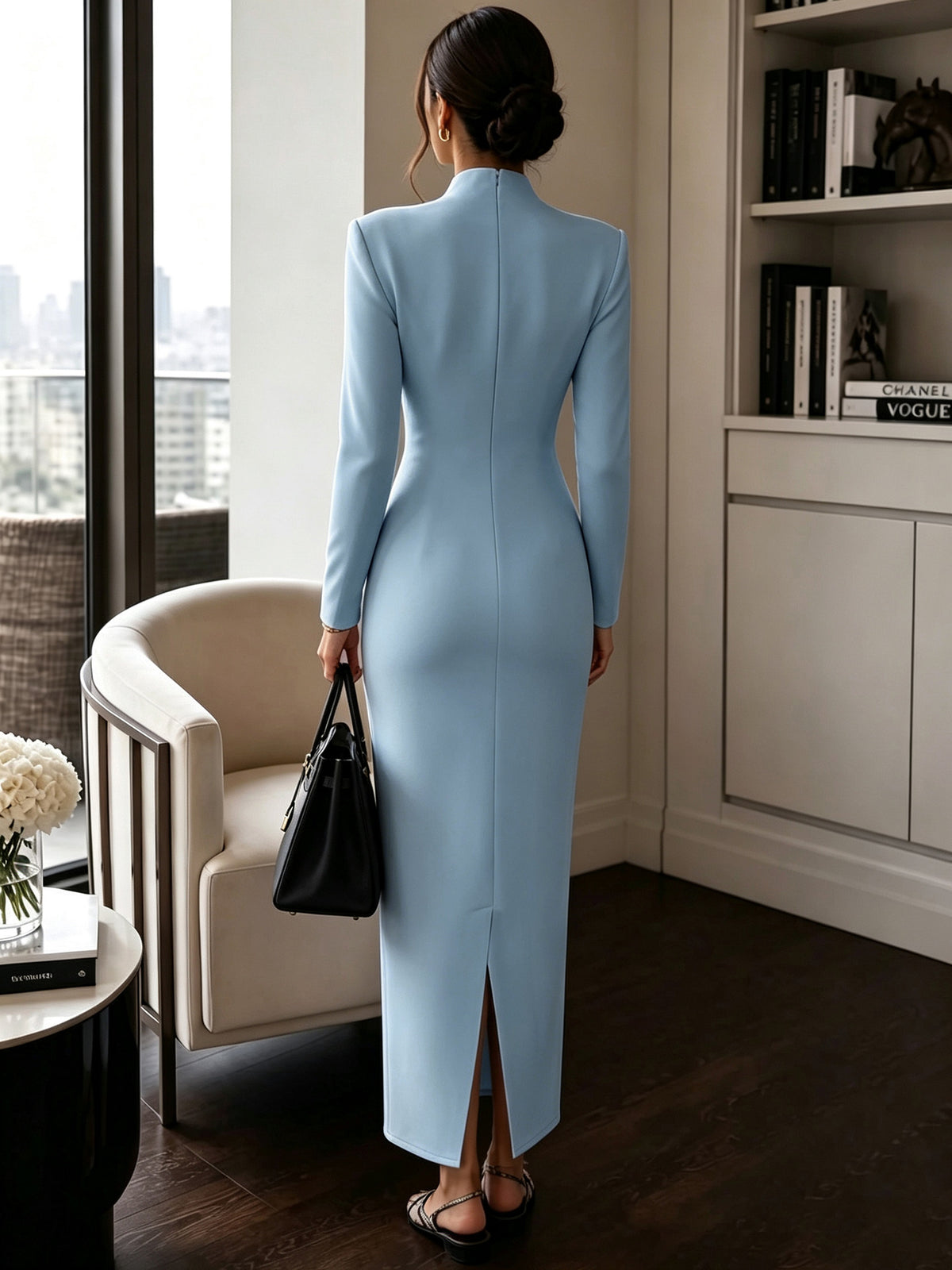 Stand-Collar V-Neck Evening Maxi Dress — product image 13