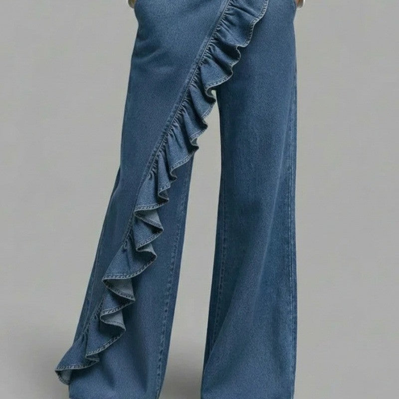 Jean femme vintage irrégulier taille mi-haute en denim véritable pour le printemps et l'été