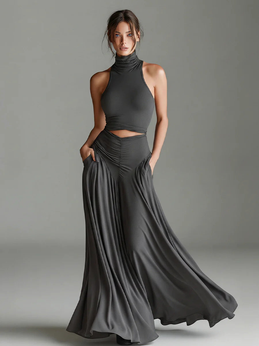 Ensemble deux pièces style top sans manches col montant et élégante robe longue