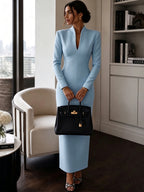 Stand-Collar V-Neck Evening Maxi Dress — product image 12