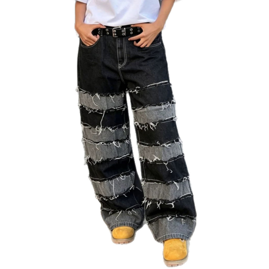 Pantalon en jean streetwear patchwork noir et gris à ourlet brut