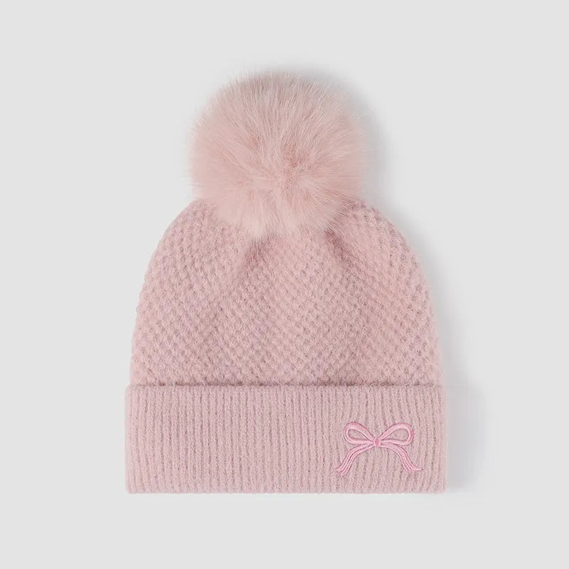 Bow Pom-Pom Thermal Knit Hat