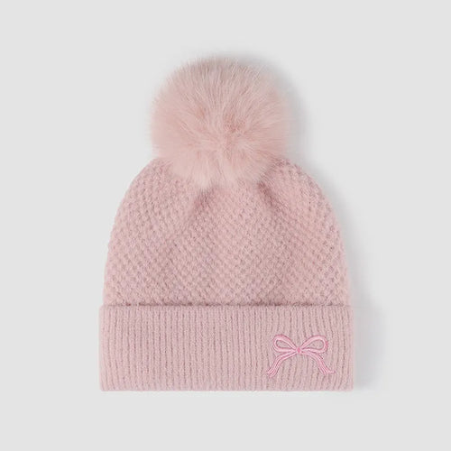 Bow Pom-Pom Thermal Knit Hat