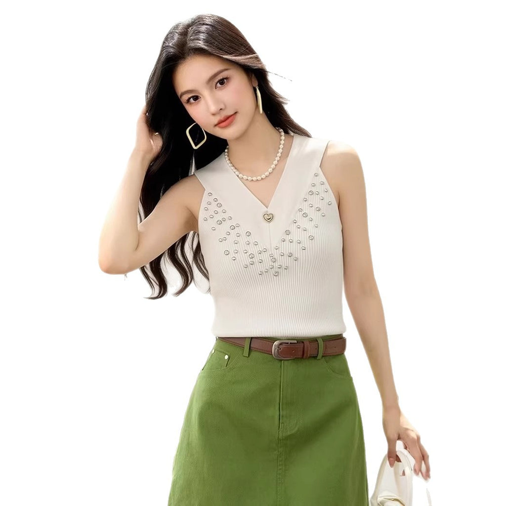 Rhinestone V-Neck Knit Vest