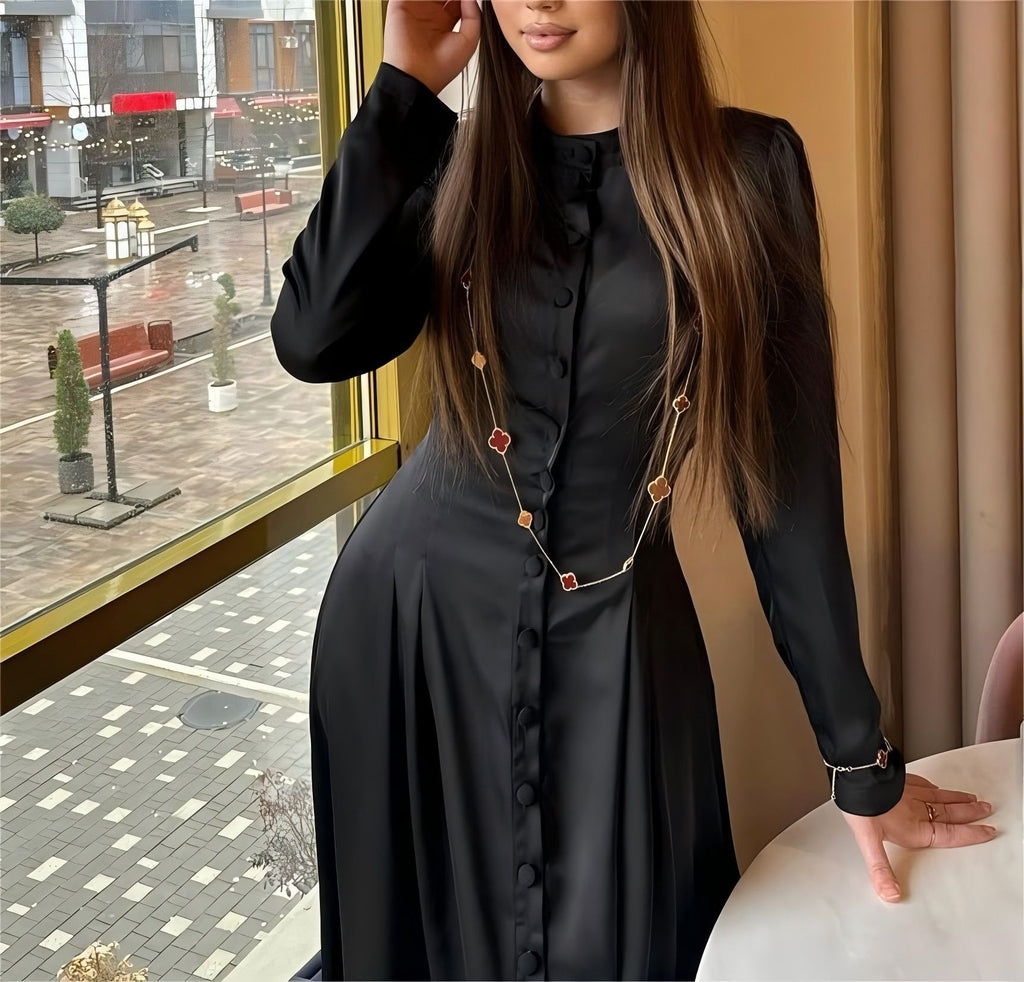 Buttoned-Waist Long-Sleeve Maxi Dress