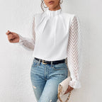 High-Neck Wave-Panel Chiffon Blouse