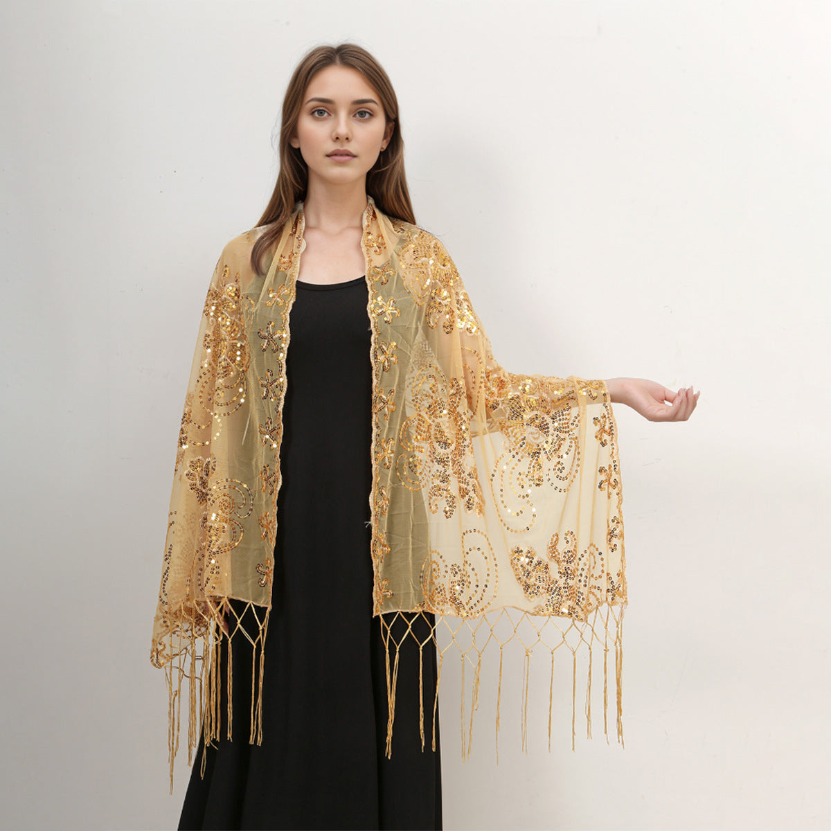 Sequin Fringe Embroidered Evening Shawl