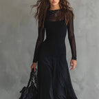 Robe longue transparente noire élégante en maille pour femme à manches longues