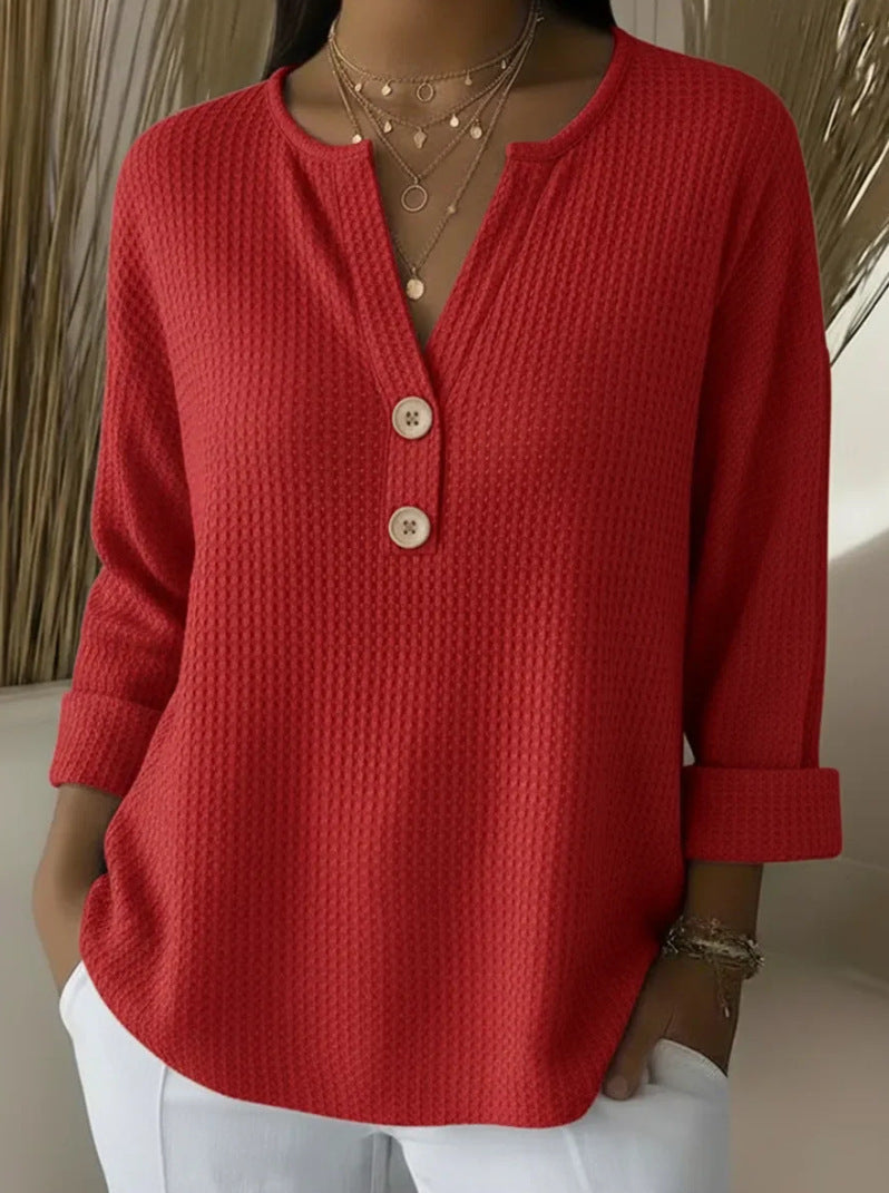Pull femme en maille gaufrée à col en V, couleur unie, décontracté, à manches longues