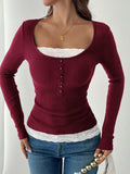 Lace-Panel Button Long-Sleeve Top