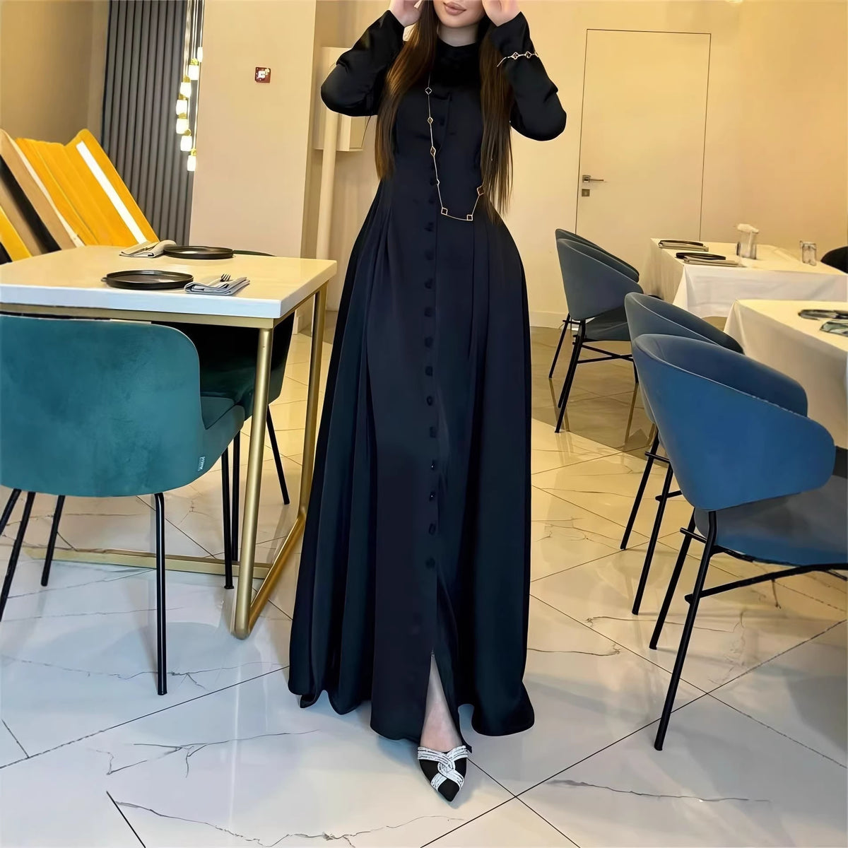 Buttoned-Waist Long-Sleeve Maxi Dress