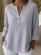 Pull femme en maille gaufrée à col en V, couleur unie, décontracté, à manches longues