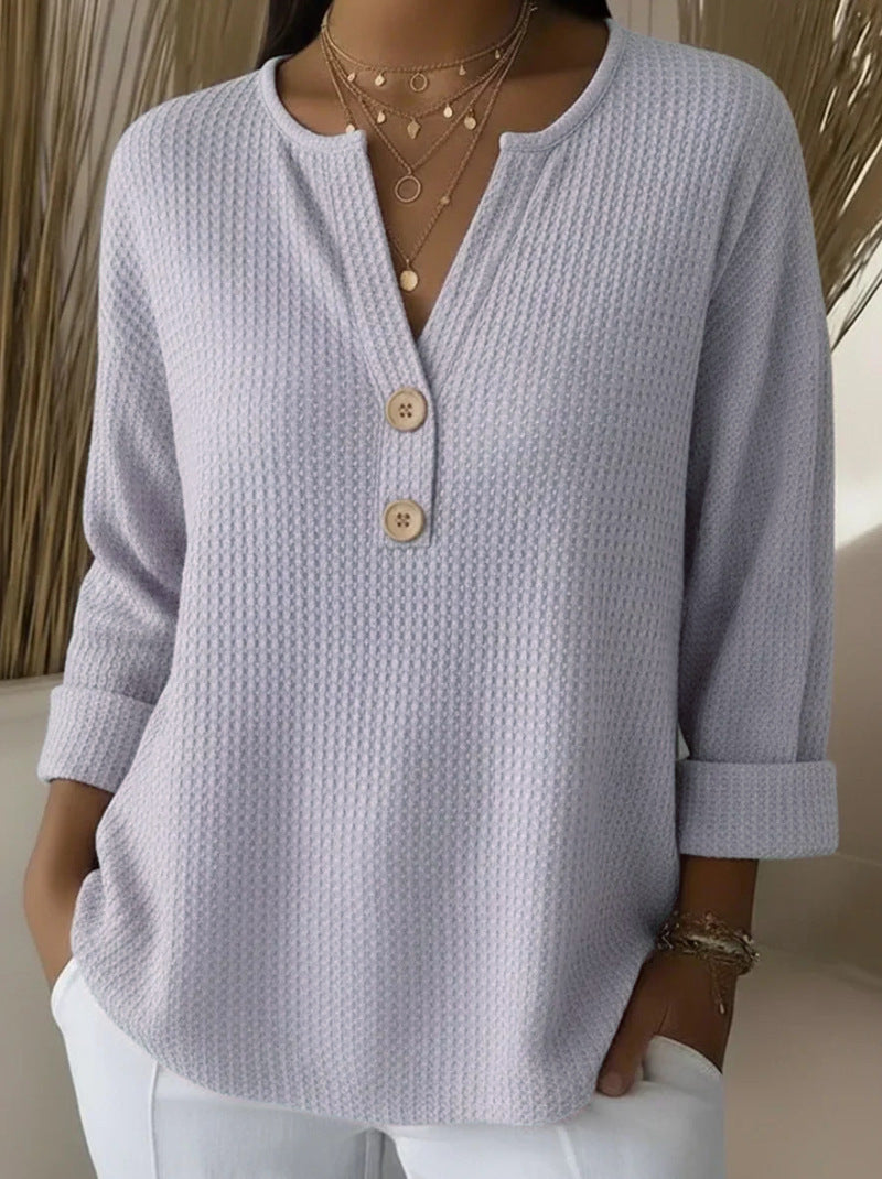 Pull femme en maille gaufrée à col en V, couleur unie, décontracté, à manches longues