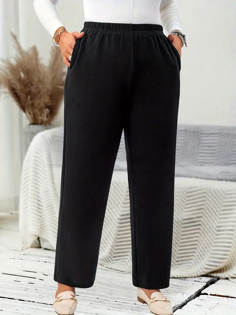 Plus-Size Straight-Leg Casual Trousers in Black - view 2