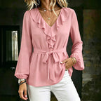 Ruffle Tie-Waist V-Neck Blouse