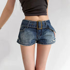 Belted High-Waist Denim Shorts