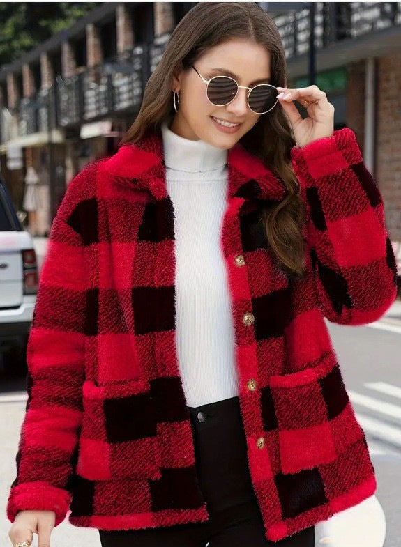 Plaid Fleece Coat with Patch Pockets - view 7
