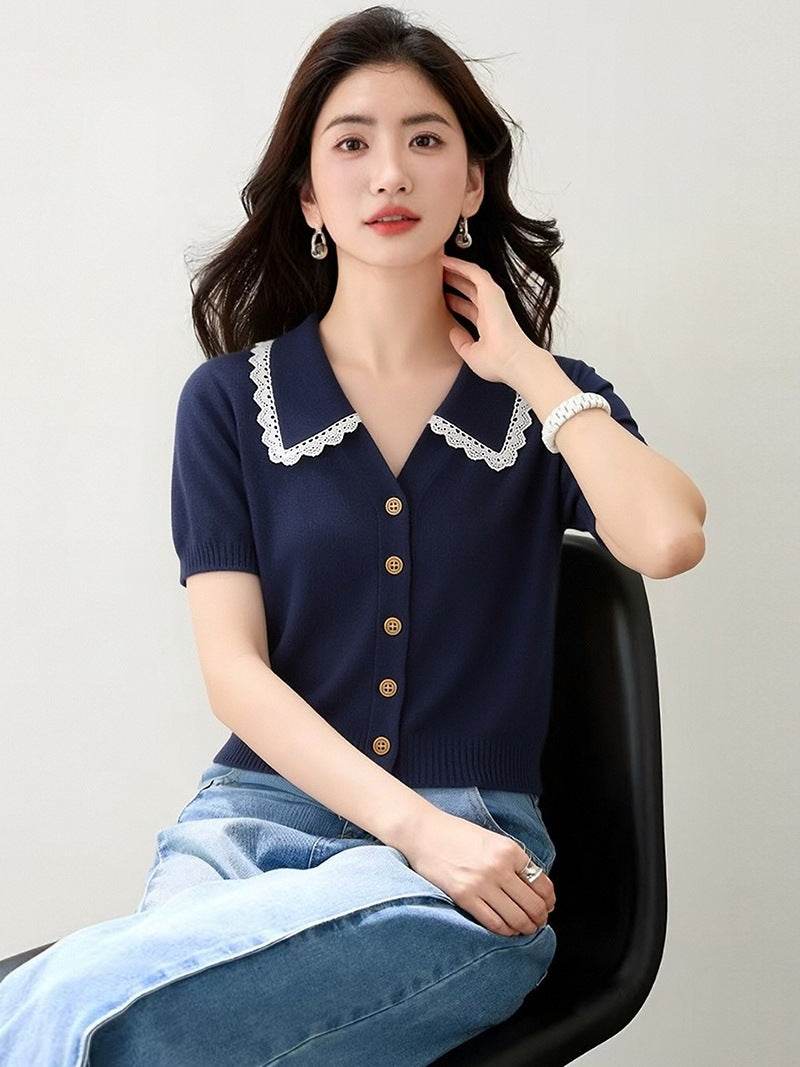 Navy Lace-Collar Knit Polo Top