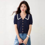 Navy Lace-Collar Knit Polo Top