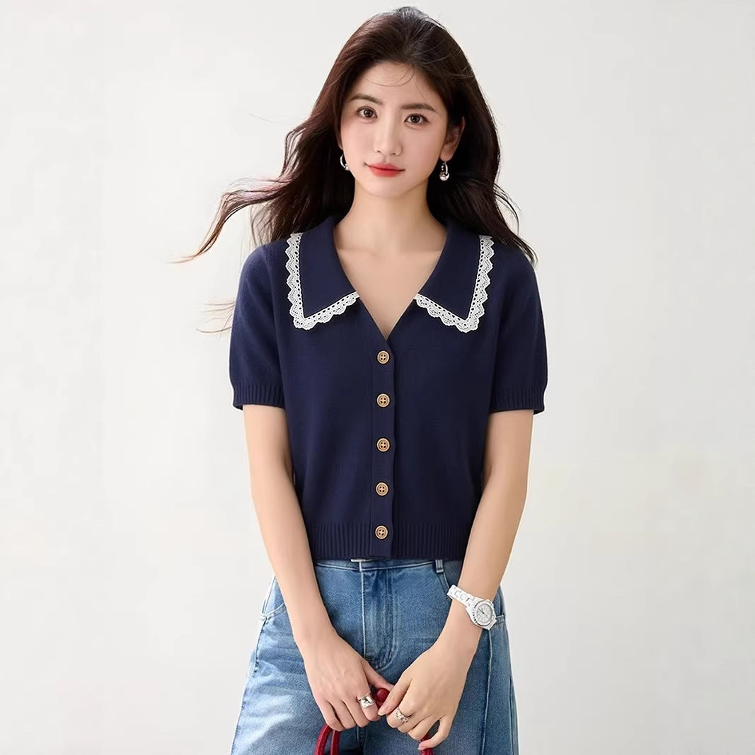 Navy Lace-Collar Knit Polo Top