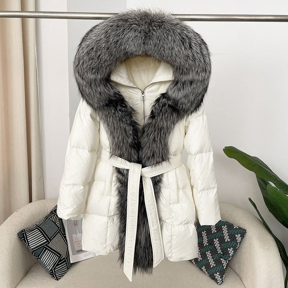 Hooded Down Jacket with Fox Fur Collar - view 4