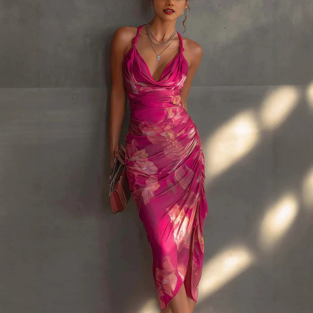 Robe longue moulante à bretelles imprimées, dos nu et fente haute